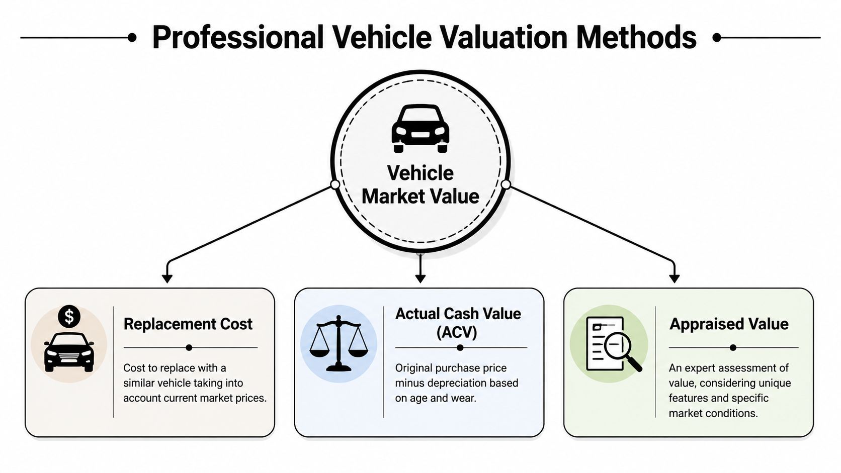 A diagram illustrating three professional vehicle valuation methods including replacement cost, actual cash value, and appraised value.
