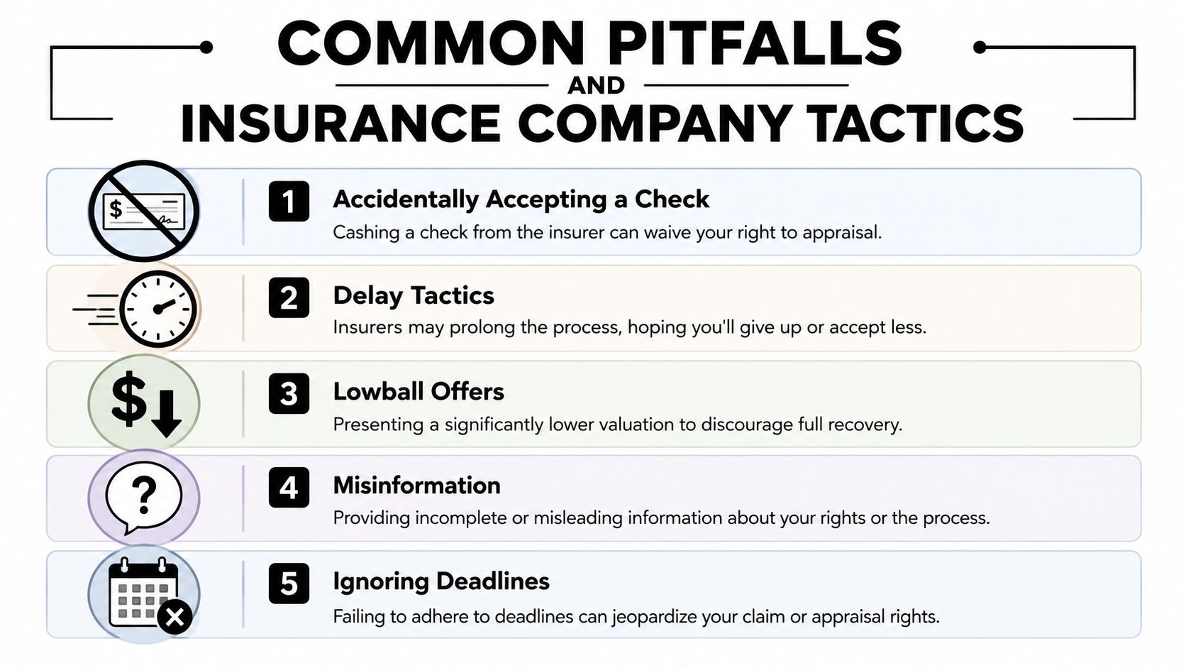 A list of five common pitfalls and insurance company tactics to watch out for during claims.