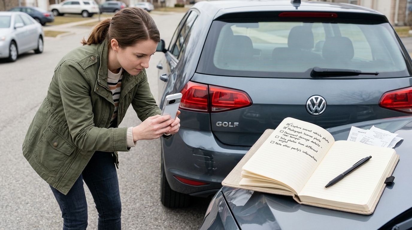 A woman photographs car damage for an insurance claim while following a checklist in her notebook.