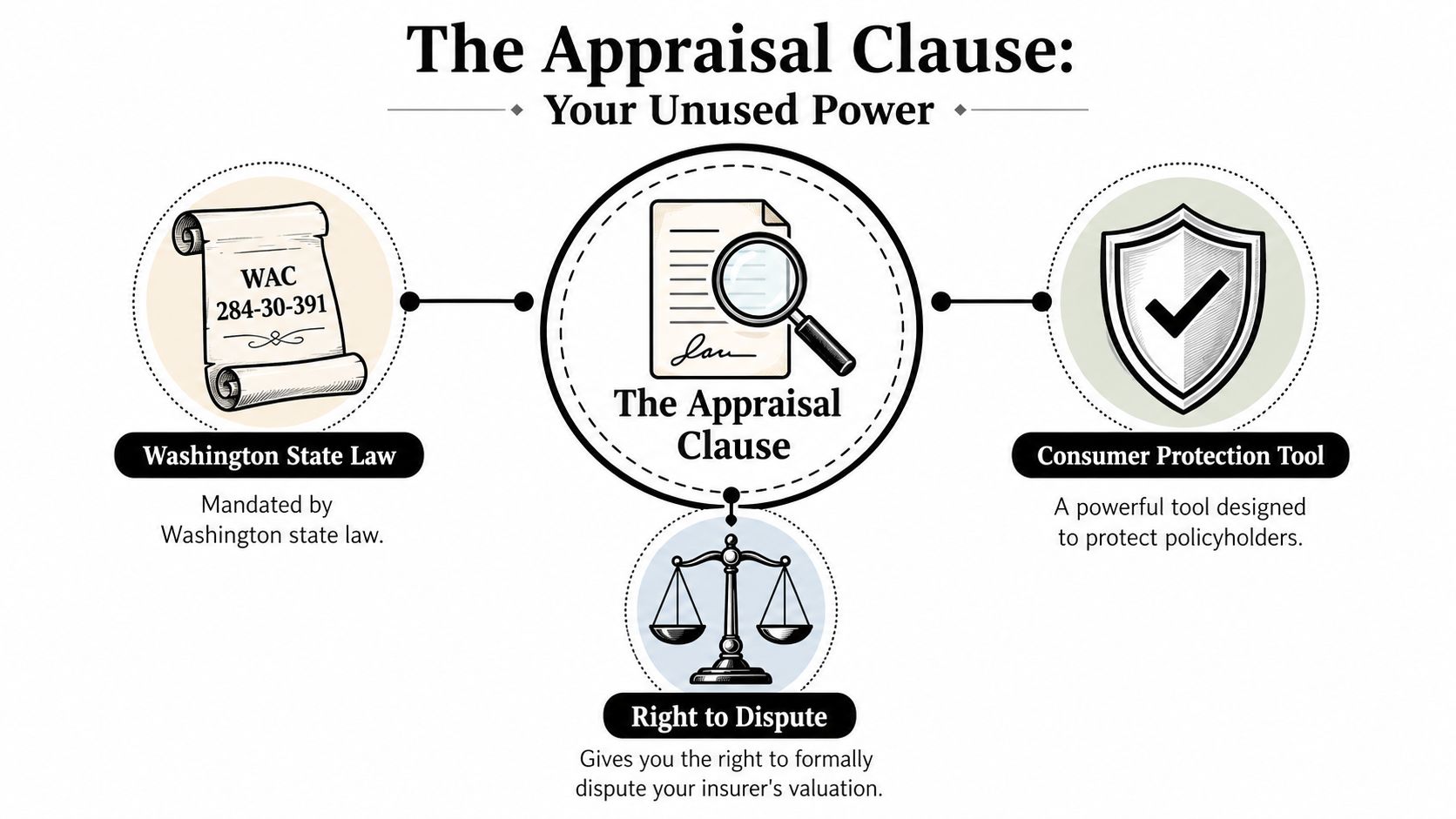 An infographic explaining The Appraisal Clause as a legal consumer protection tool for Washington insurance policyholders.