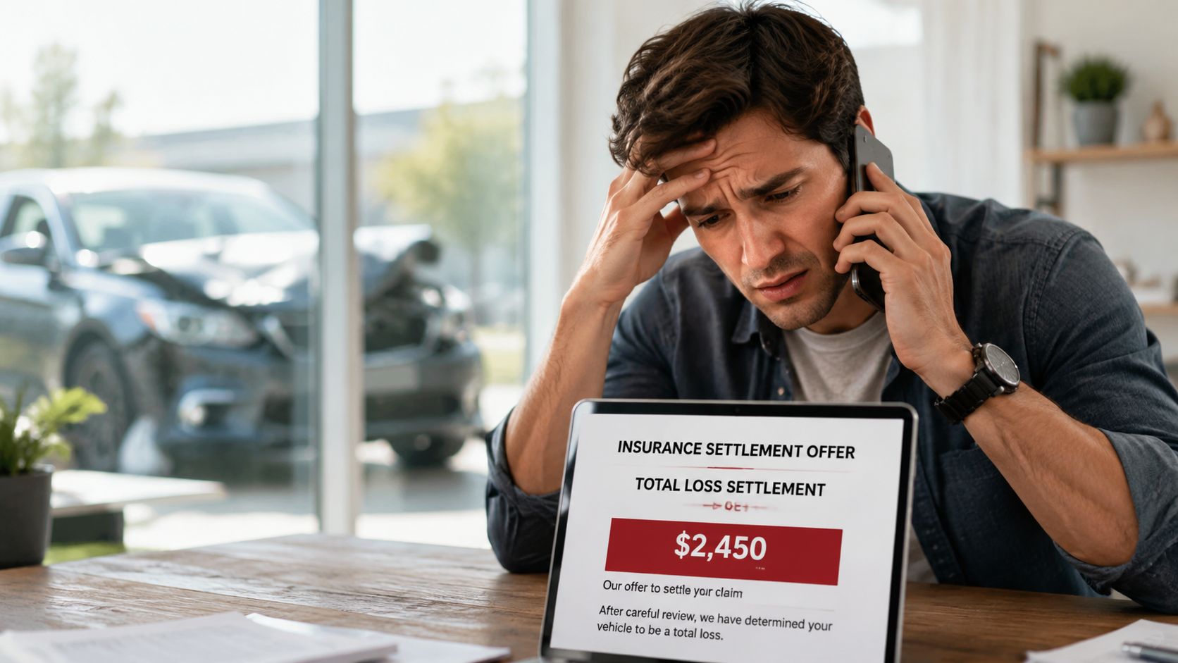 A distressed man on the phone looking at a computer screen showing a low insurance settlement offer.