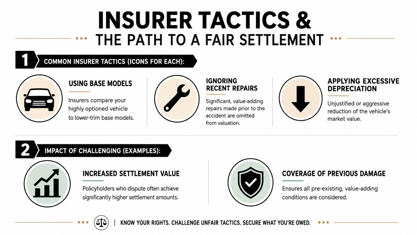An infographic detailing common insurer tactics for low settlements and the positive impact of challenging them.