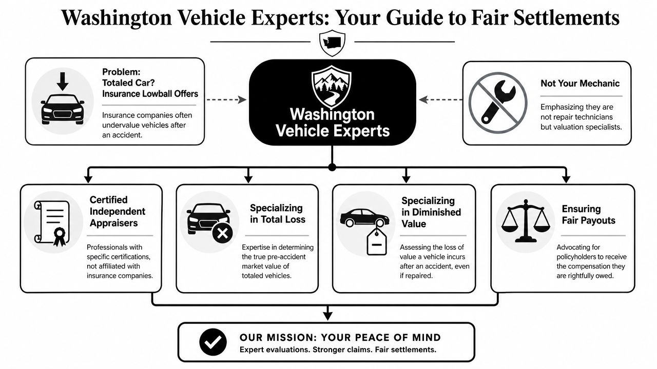 An infographic titled Washington Vehicle Experts explaining their services regarding insurance total loss and diminished value claims.