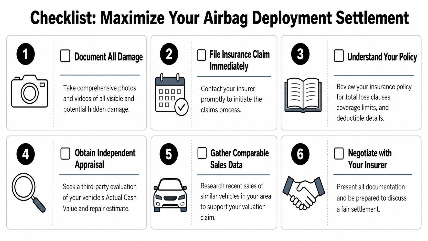 A six-step checklist titled Maximize Your Airbag Deployment Settlement illustrating how to handle insurance claims after accidents.
