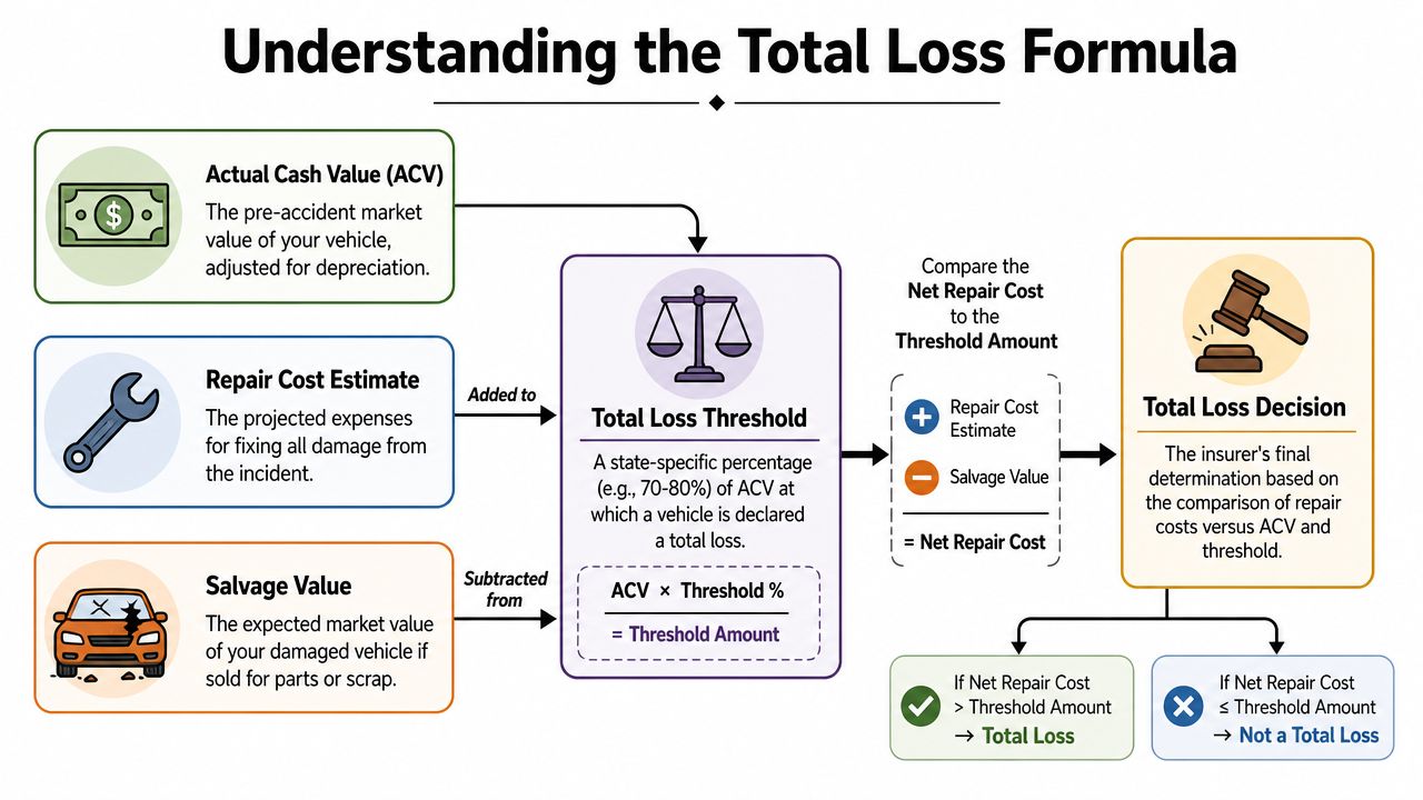 A diagram illustrating the total loss formula, explaining how insurers compare repair costs, salvage value, and actual cash value.