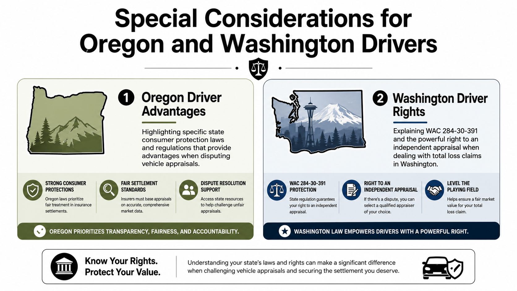 An infographic detailing specific consumer insurance protection laws for drivers in Oregon and Washington state.