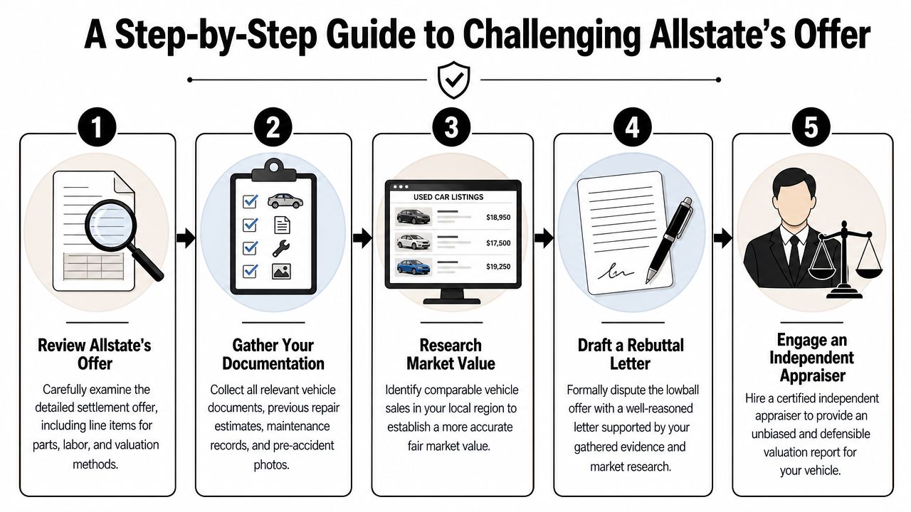 A five-step infographic showing how to challenge an insurance settlement offer from Allstate for a vehicle claim.