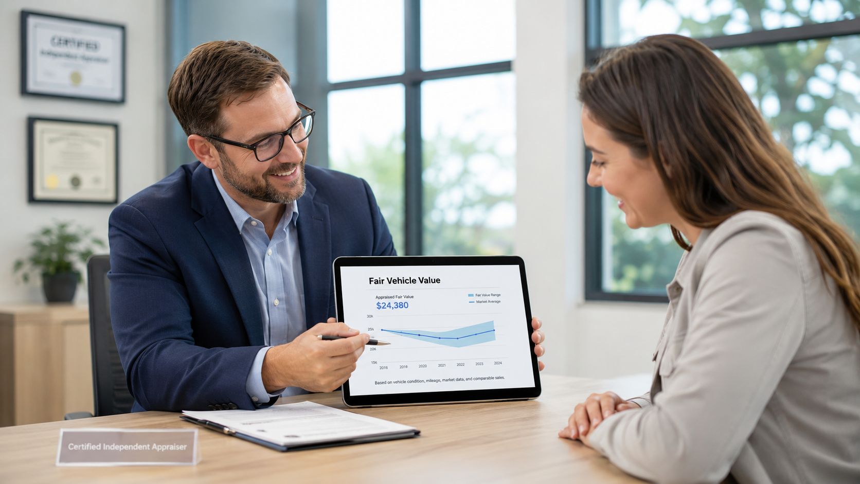 A professional appraiser shows a tablet with a vehicle value chart to a client in an office.