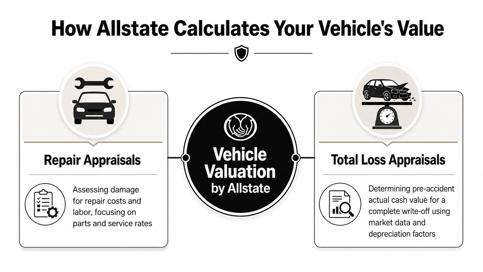 A diagram explaining how Allstate determines vehicle value through repair appraisals and total loss appraisals.