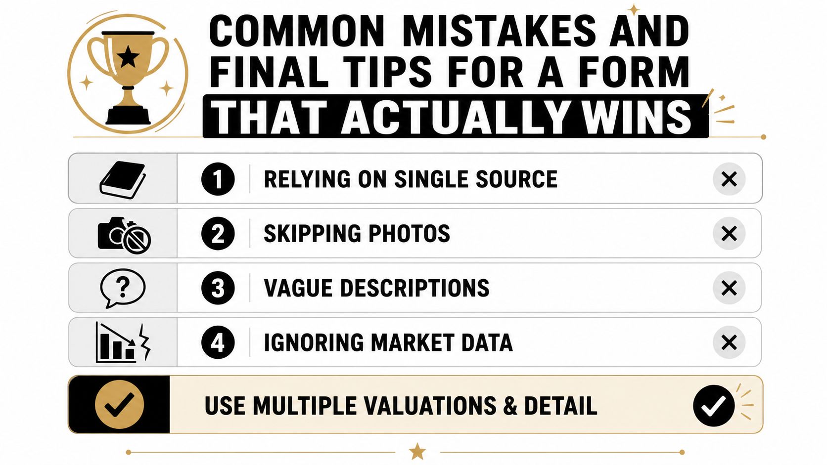 A graphic listing common mistakes in appraisal forms and a final winning tip for success.