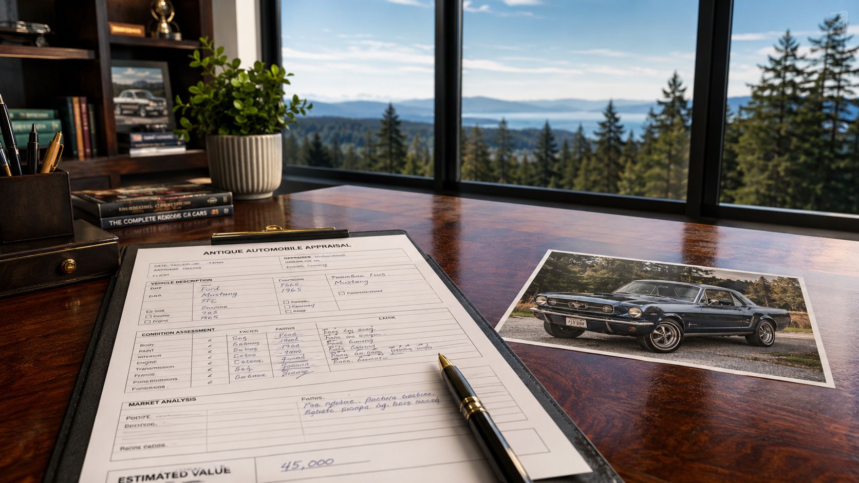 A clipboard with an antique automobile appraisal form for a 1965 Ford Mustang sits on a desk.