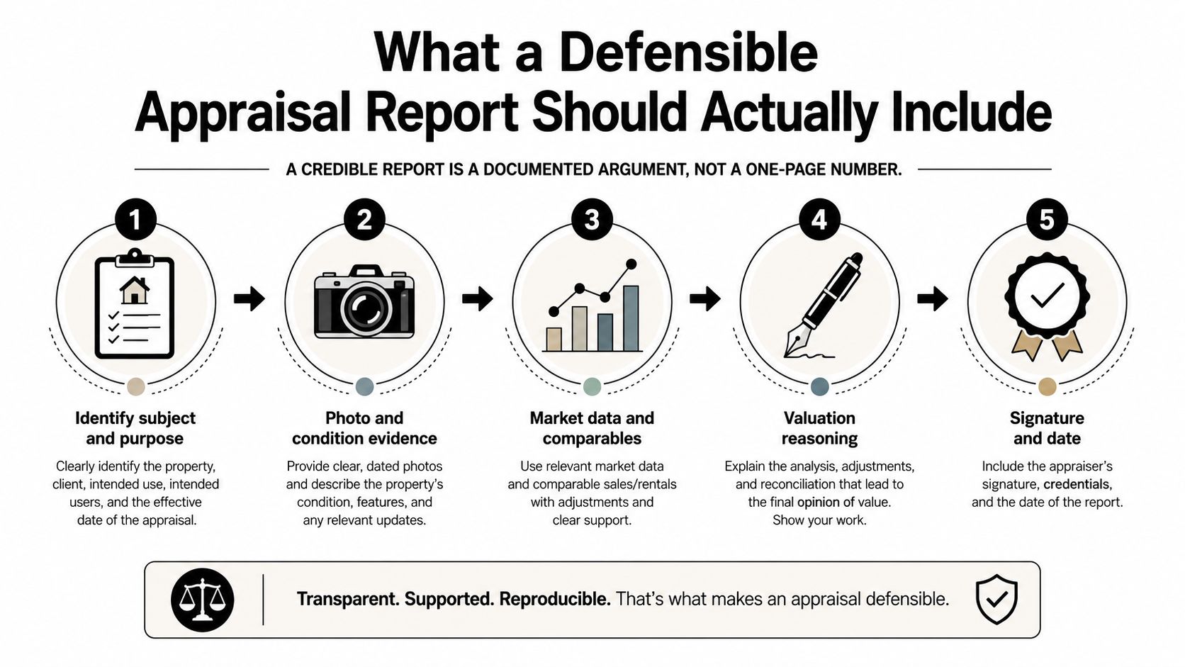 An infographic showing the five key components required for a defensible and credible property appraisal report.