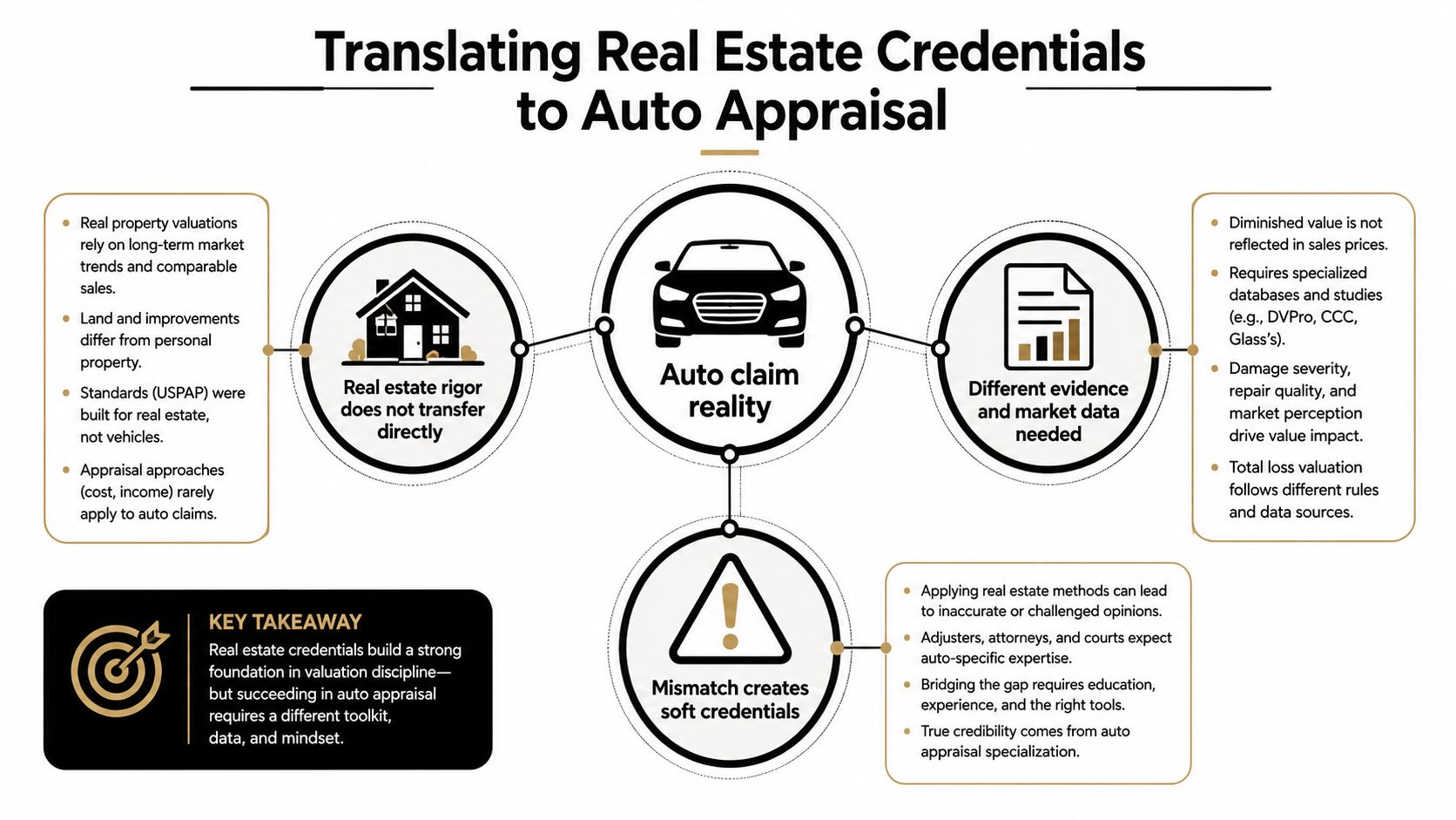 An infographic showing that real estate credentials require specific adaptation for professional auto appraisal and insurance claims.