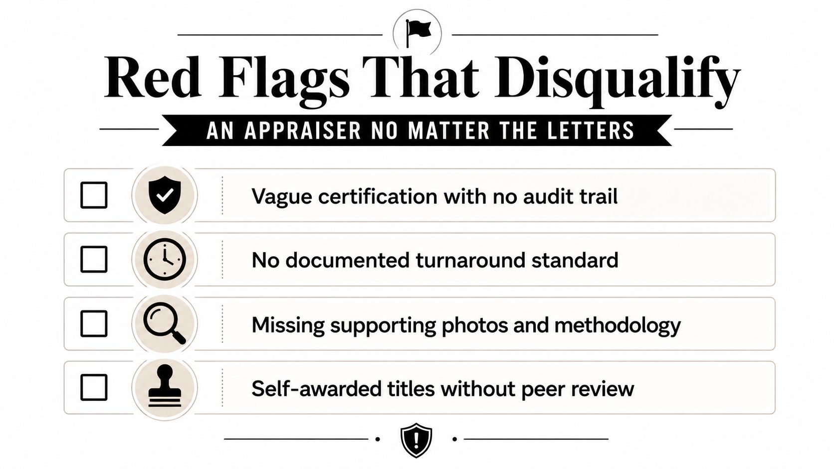 A checklist infographic titled Red Flags That Disqualify An Appraiser No Matter the Letters listing four professional warning signs.