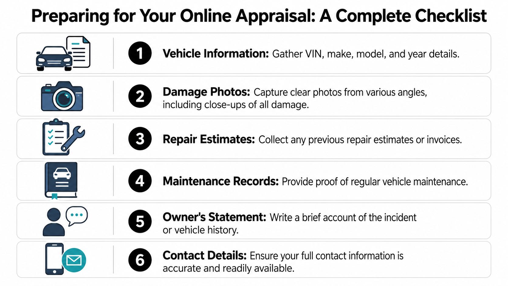 A checklist of six steps for preparing for an online auto appraisal, including gathering documentation and photos.