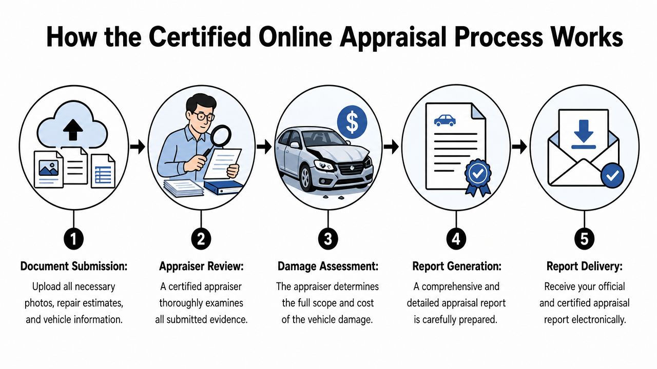A five-step infographic illustrating the certified online vehicle appraisal process from document submission to final report delivery.