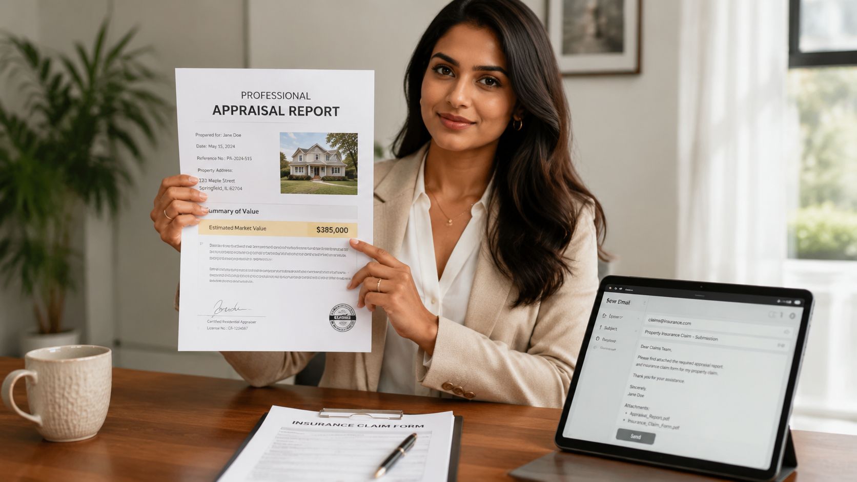 A professional woman holding a real estate appraisal document with an email form visible on a tablet.