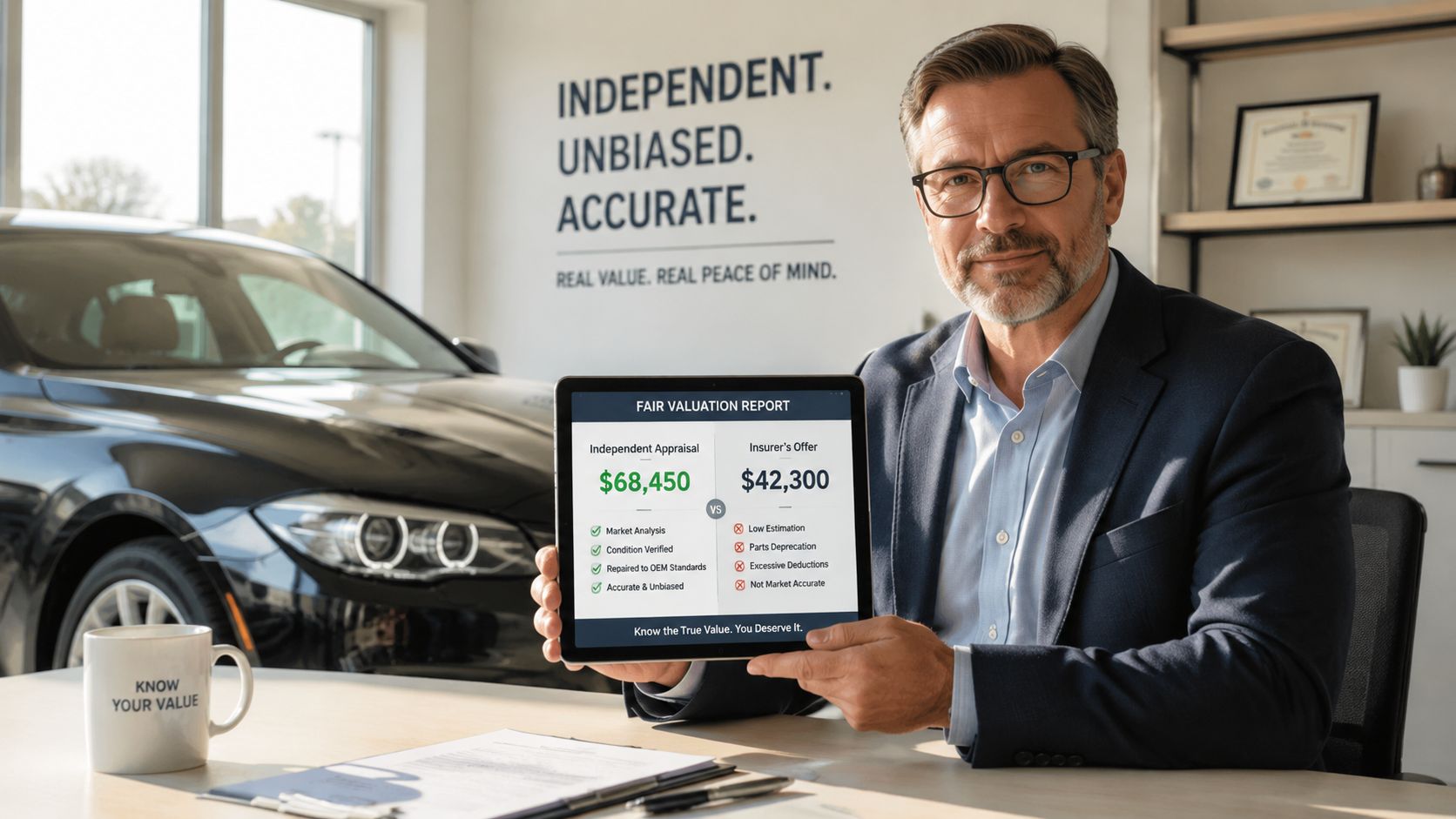 A professional car appraiser holding a tablet showing a comparison between independent appraisal and insurer's offer.