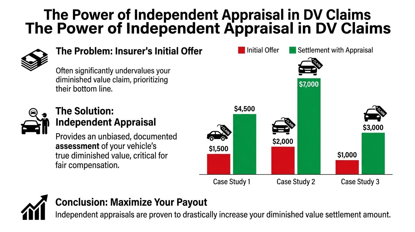 A bar graph demonstrating how independent appraisals significantly increase insurance payouts for vehicle diminished value claims.