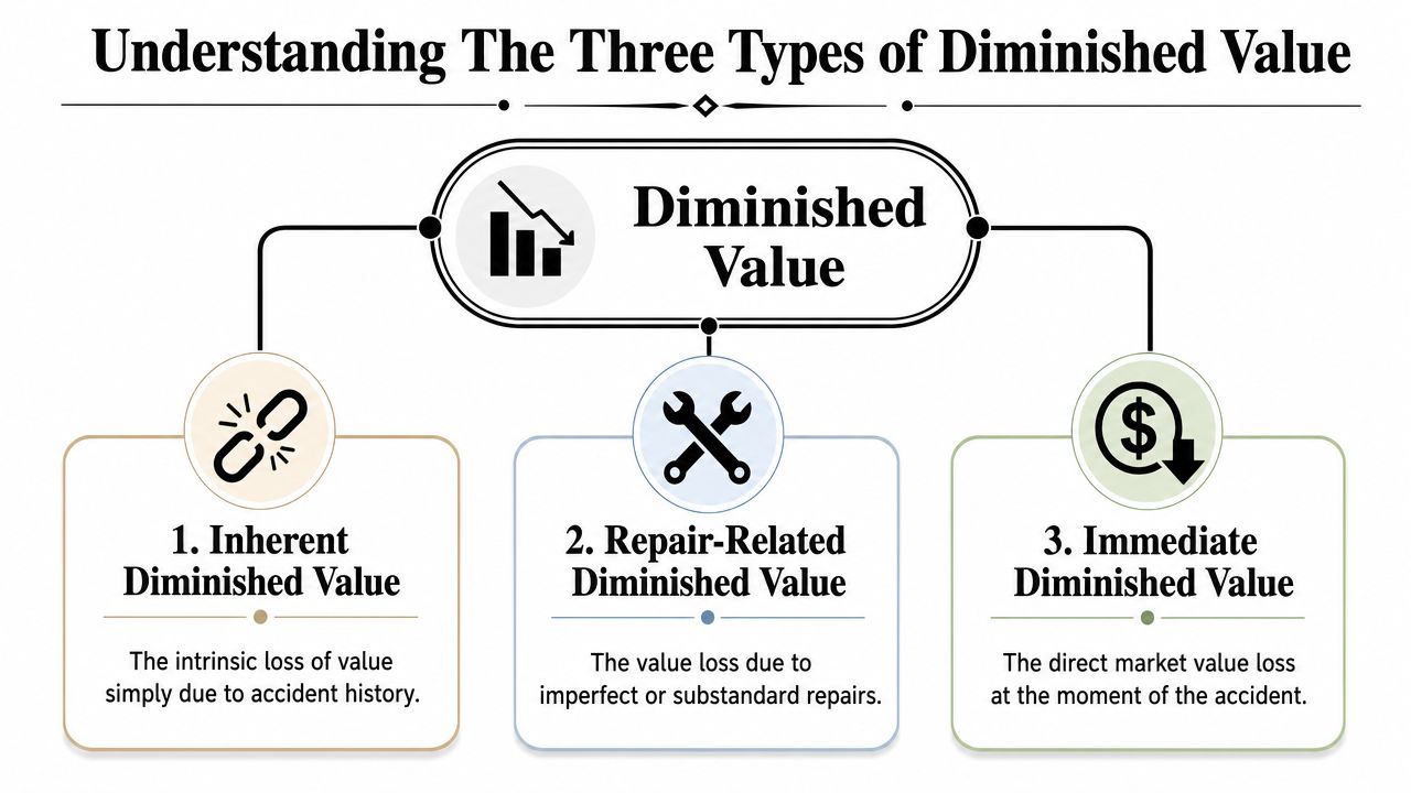 An infographic titled Understanding The Three Types of Diminished Value, defining Inherent, Repair-Related, and Immediate diminished value.