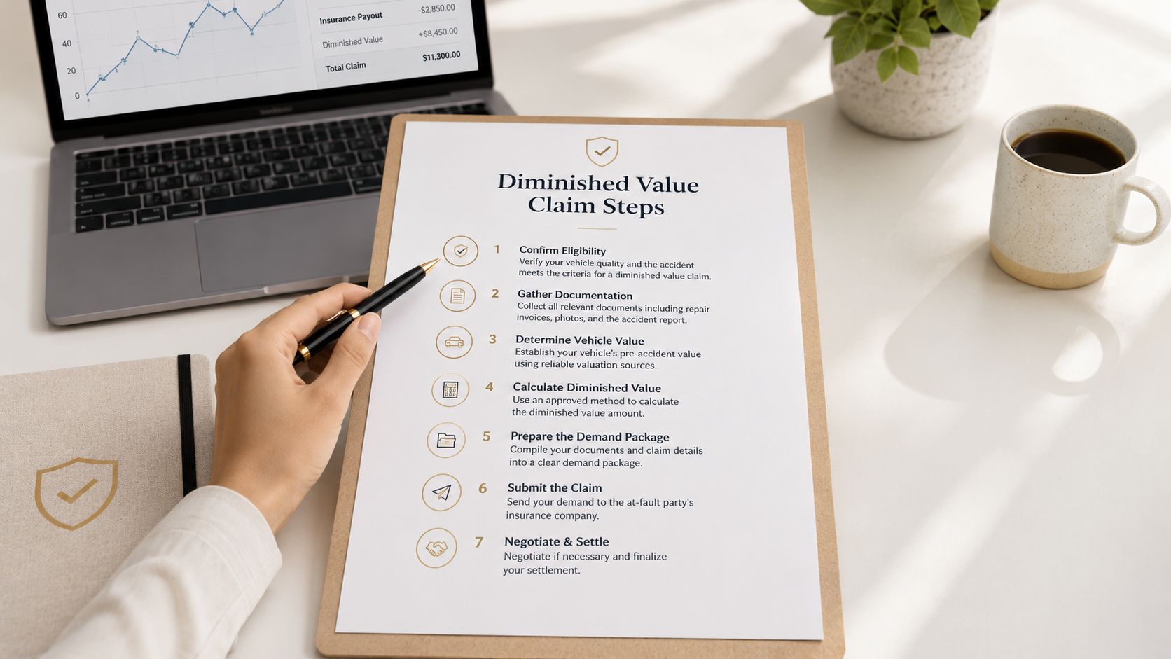 A person holding a pen over a checklist outlining steps for filing an auto diminished value claim.
