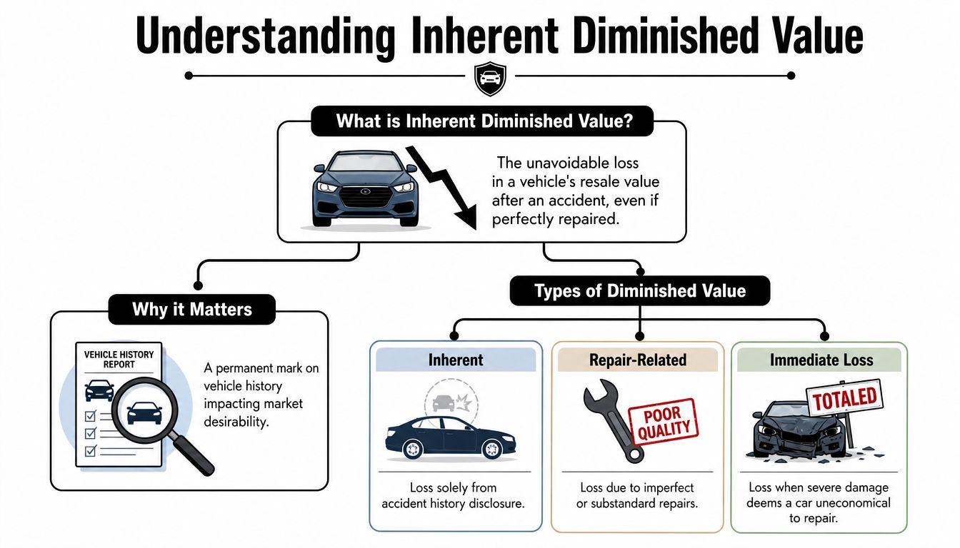 An infographic explaining the concept of inherent diminished value in vehicles after an accident and repair.