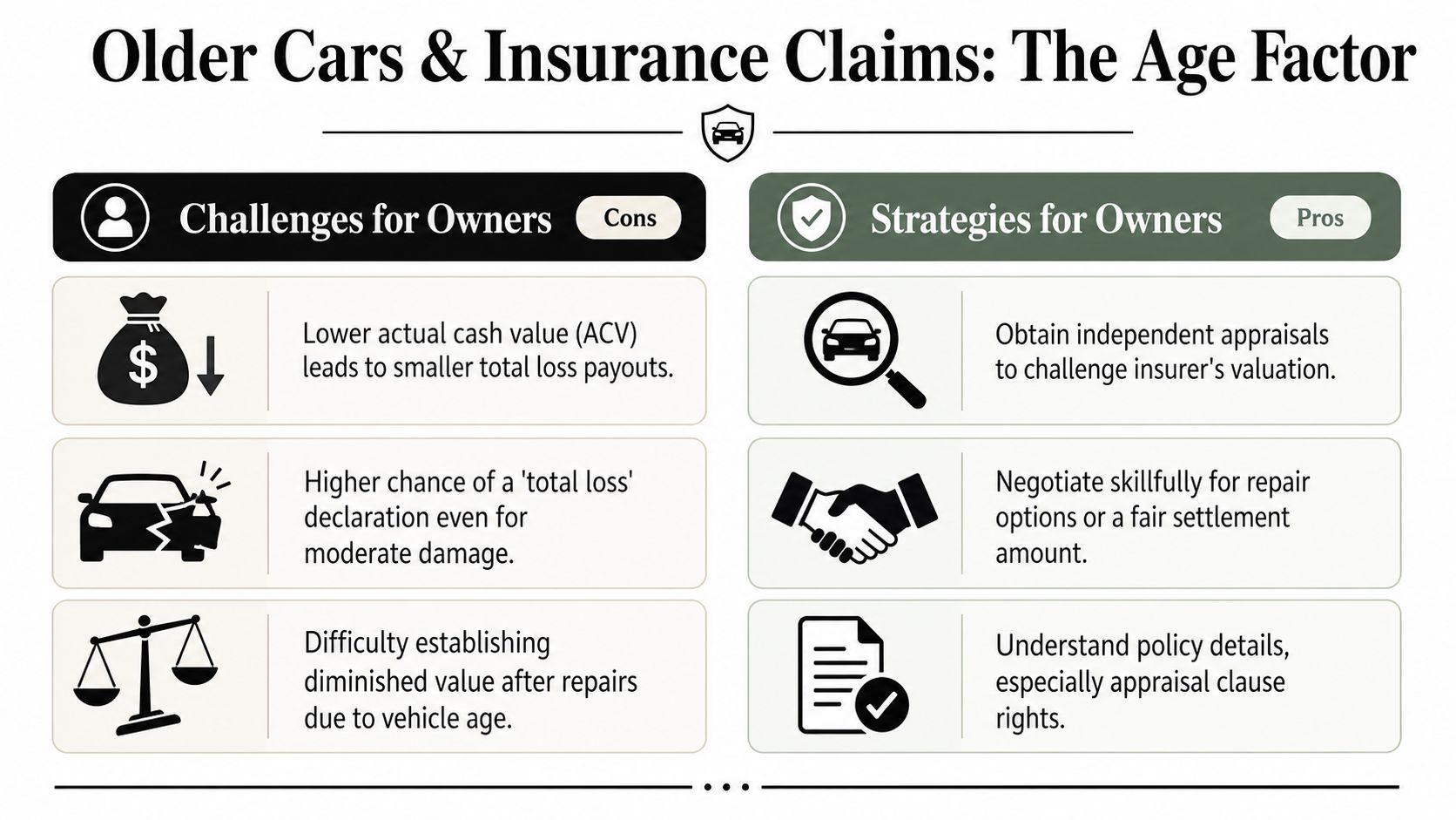 An infographic showing the pros and cons of insurance claims for older vehicles including valuation and negotiation tips.