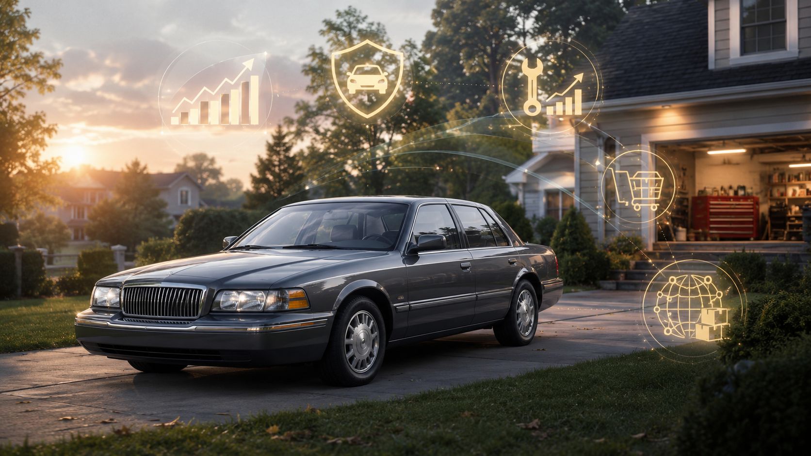 A gray sedan parked in a suburban driveway with digital icons representing automotive services and logistics.