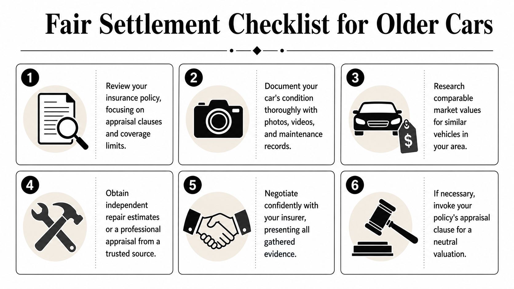 A six-step checklist for obtaining a fair insurance settlement for older cars, featuring icons and instructions.
