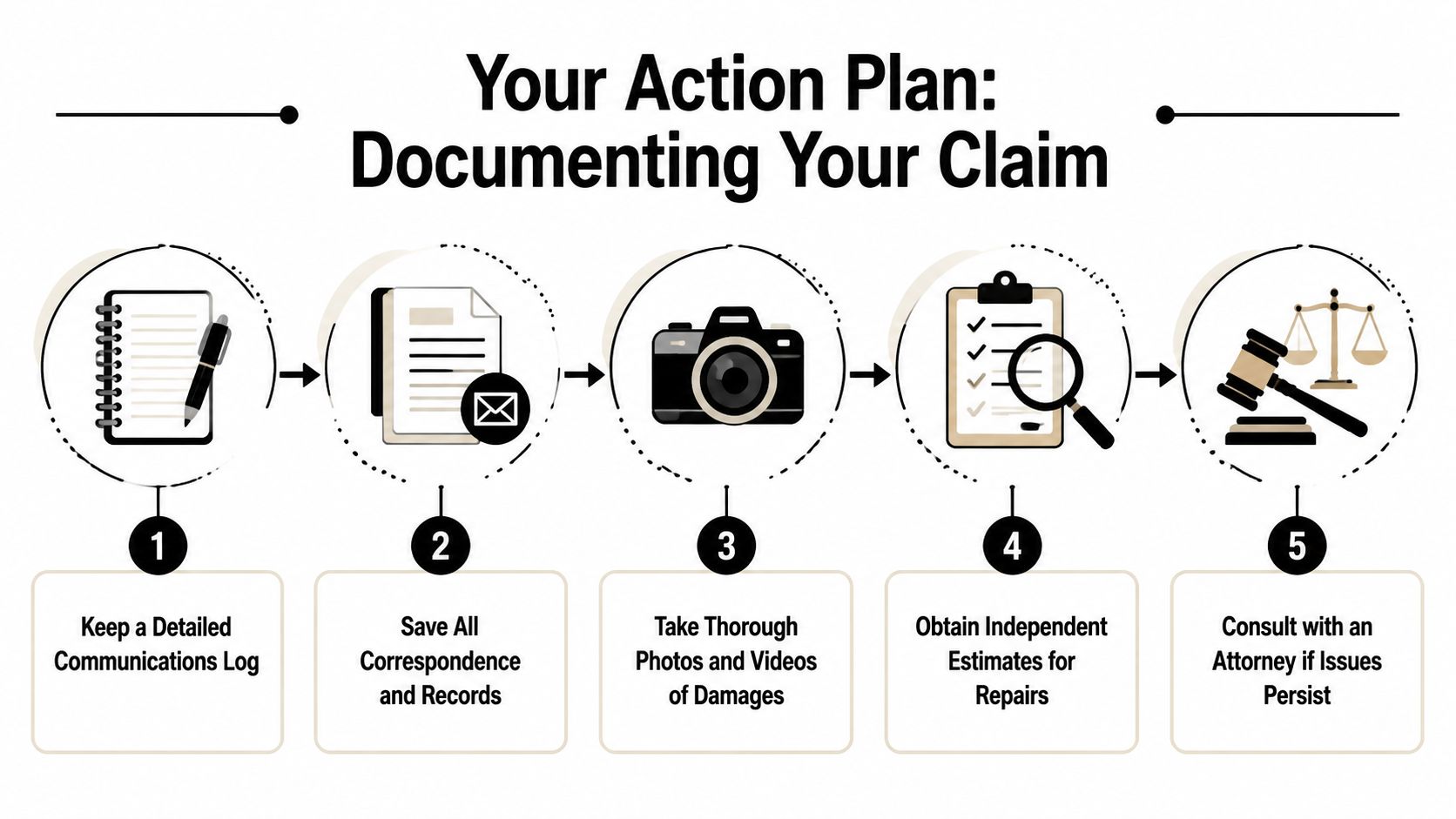 A five-step action plan infographic detailing how to document an insurance claim effectively for policyholders.