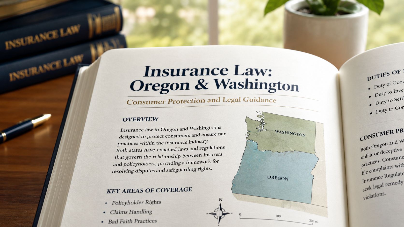 An open textbook titled Insurance Law: Oregon & Washington featuring a map highlighting both states.