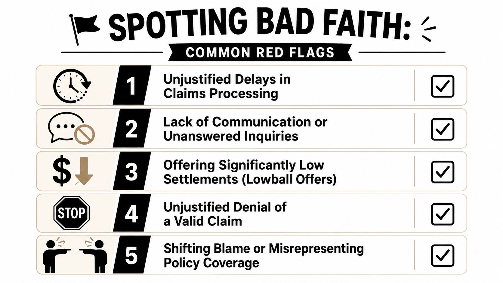 A list of five common red flags indicating bad faith insurance practices with checkmark icons for each.