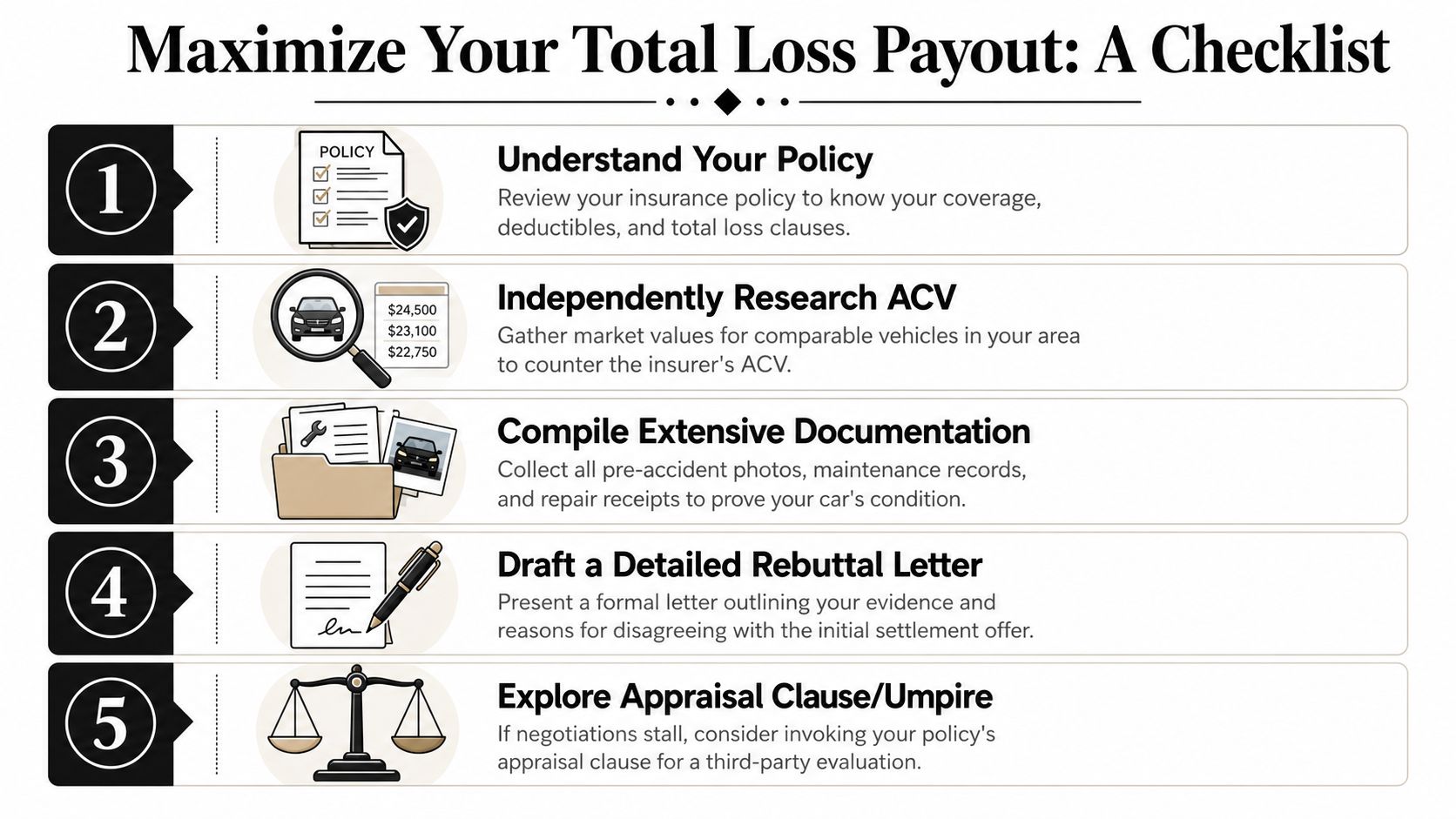 A five-step checklist infographic showing how to maximize your insurance payout for a total loss car claim.