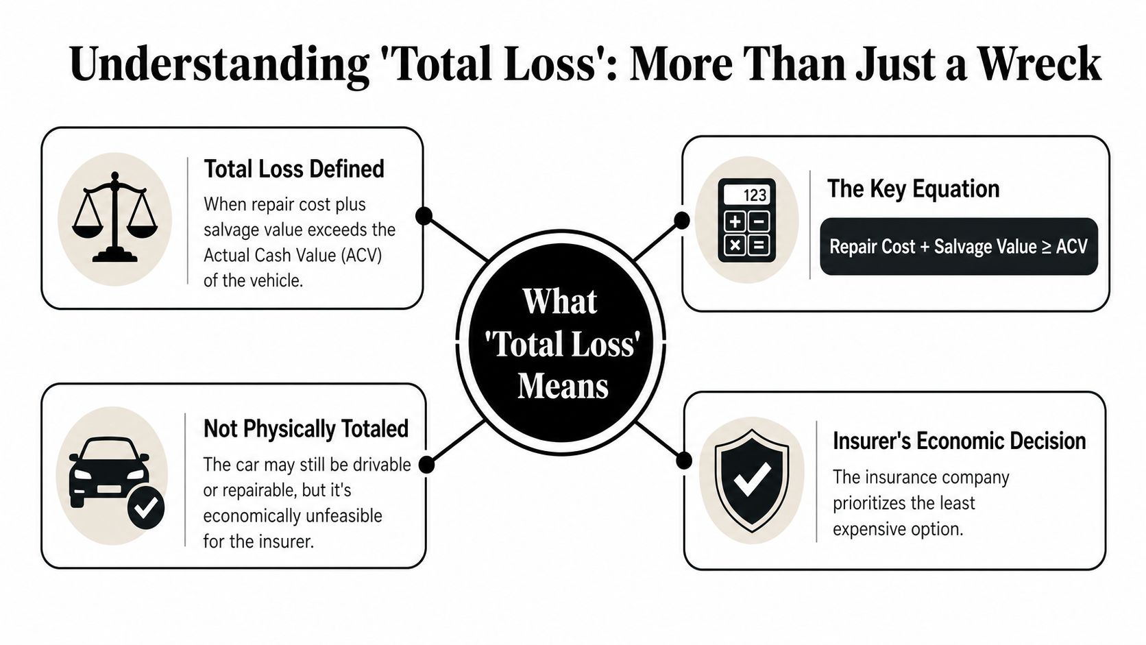 An infographic explaining how insurance companies define a car as a total loss based on economic value.
