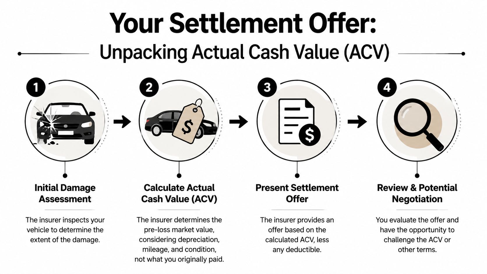 A four-step infographic explaining the vehicle insurance claim process and how the Actual Cash Value is determined.
