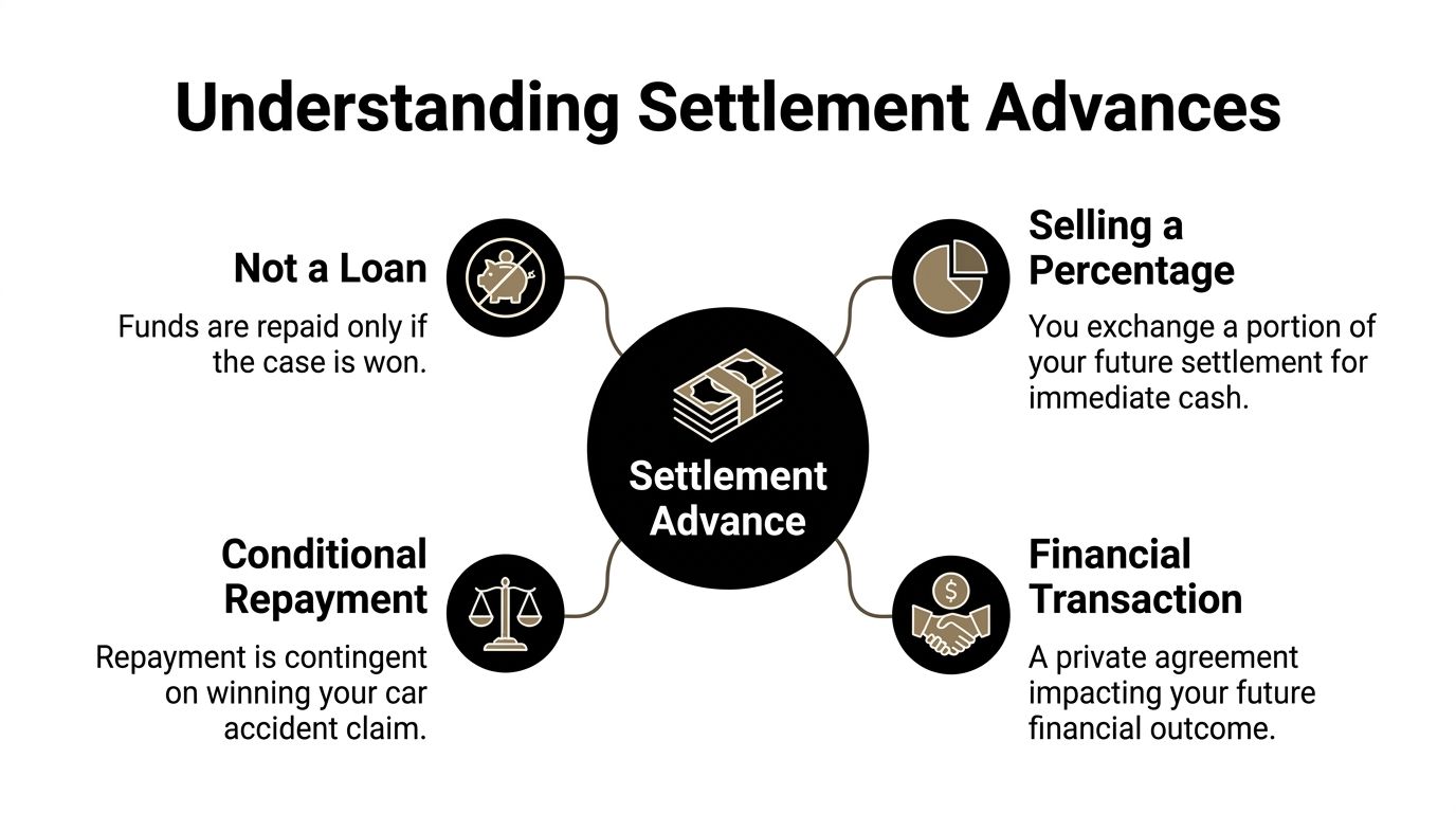 An infographic explaining how a settlement advance works as a non-loan financial transaction for car accident claims.