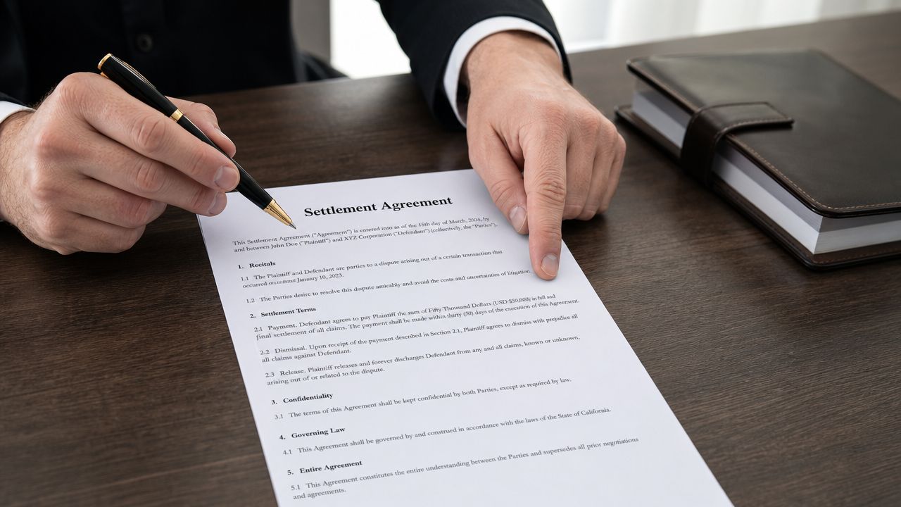 A close-up of a person in a suit pointing to and holding a pen over a legal document.