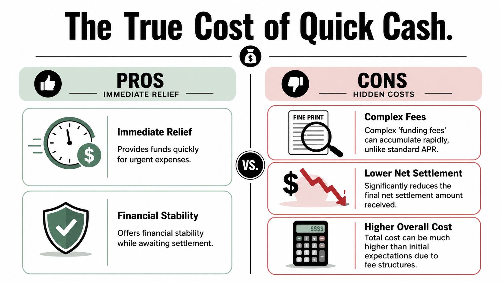 An infographic comparing the pros and cons of obtaining a quick cash advance for financial settlements.