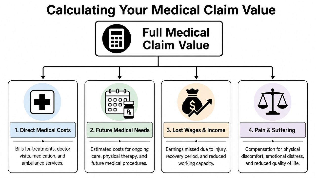 An infographic showing the four key components for calculating a full medical claim value settlement.