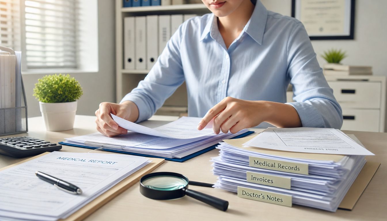 A professional analyzing medical documents, invoices, and doctor notes at an organized office desk.