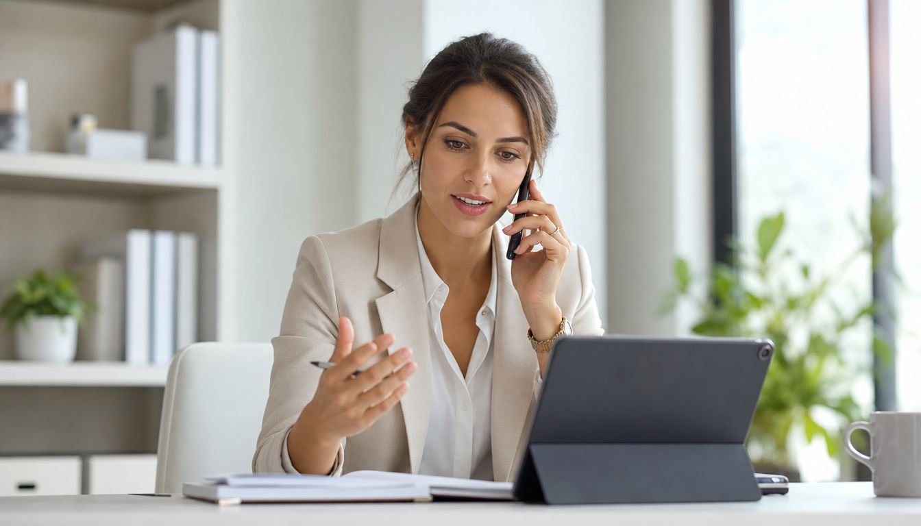A professional woman in a beige blazer talking on her smartphone while working at a desk.