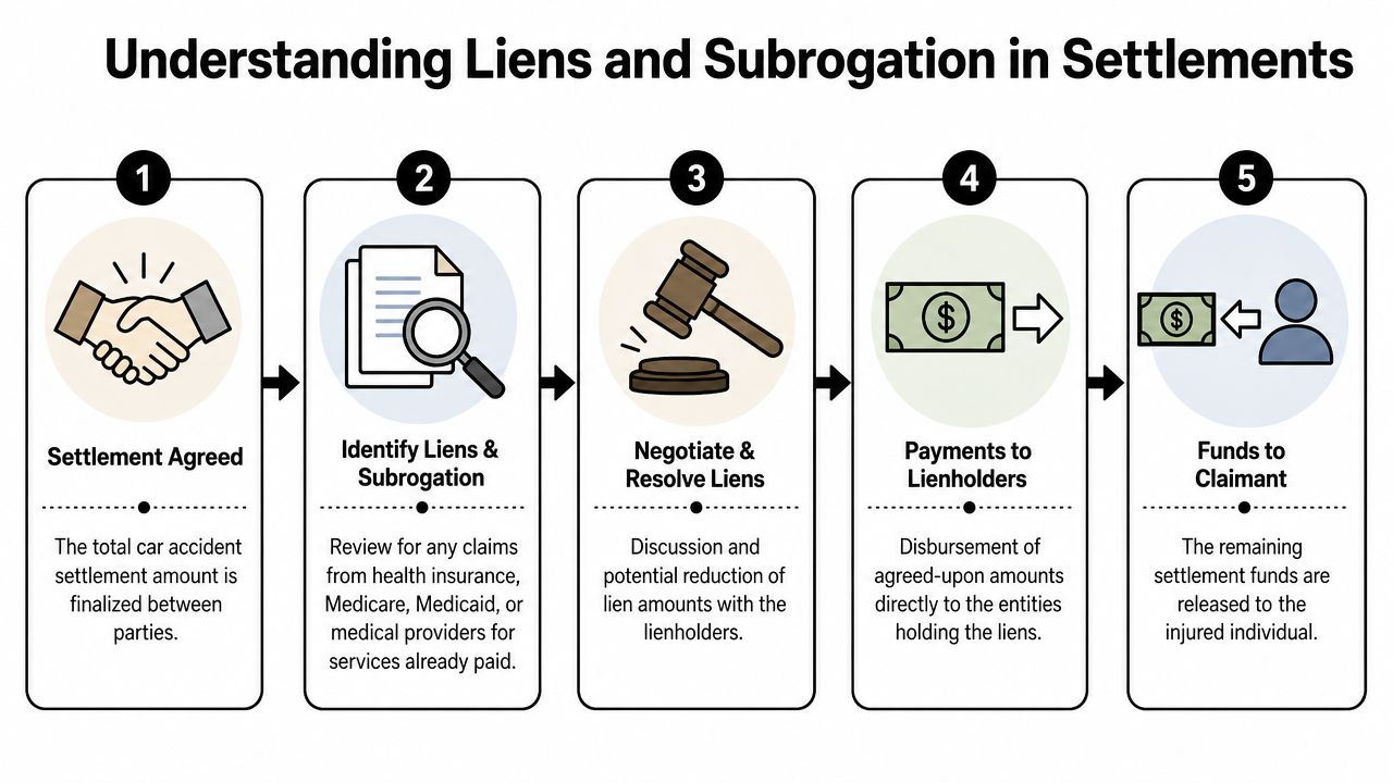 A five-step flowchart illustrating how medical liens and subrogation are handled during car accident settlement processes.