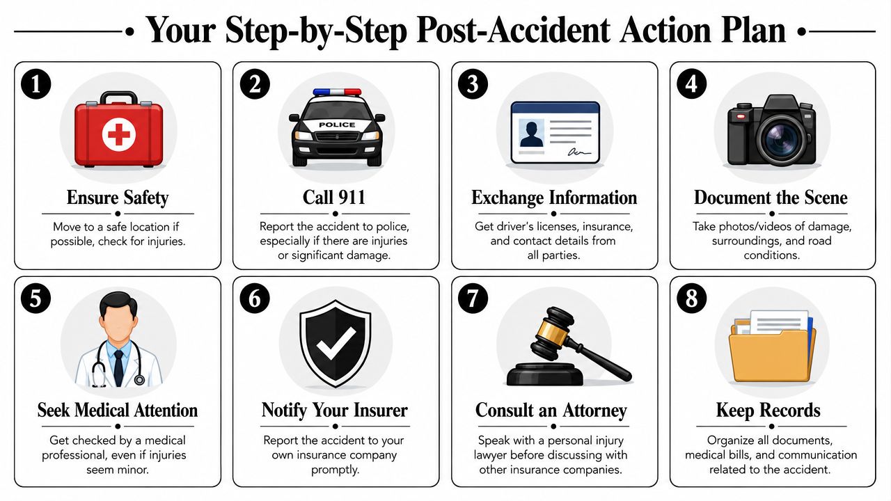 A numbered infographic showing an eight-step action plan to follow after being in a car accident.