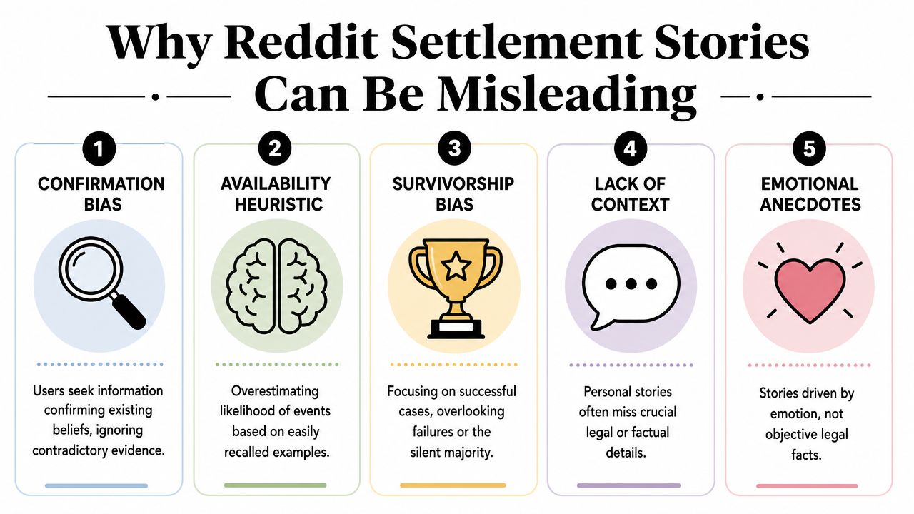 An infographic titled Why Reddit Settlement Stories Can Be Misleading, listing five cognitive biases with short explanations.