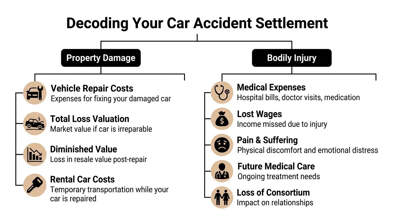 An infographic titled Decoding Your Car Accident Settlement, outlining key components of property damage and bodily injury claims.
