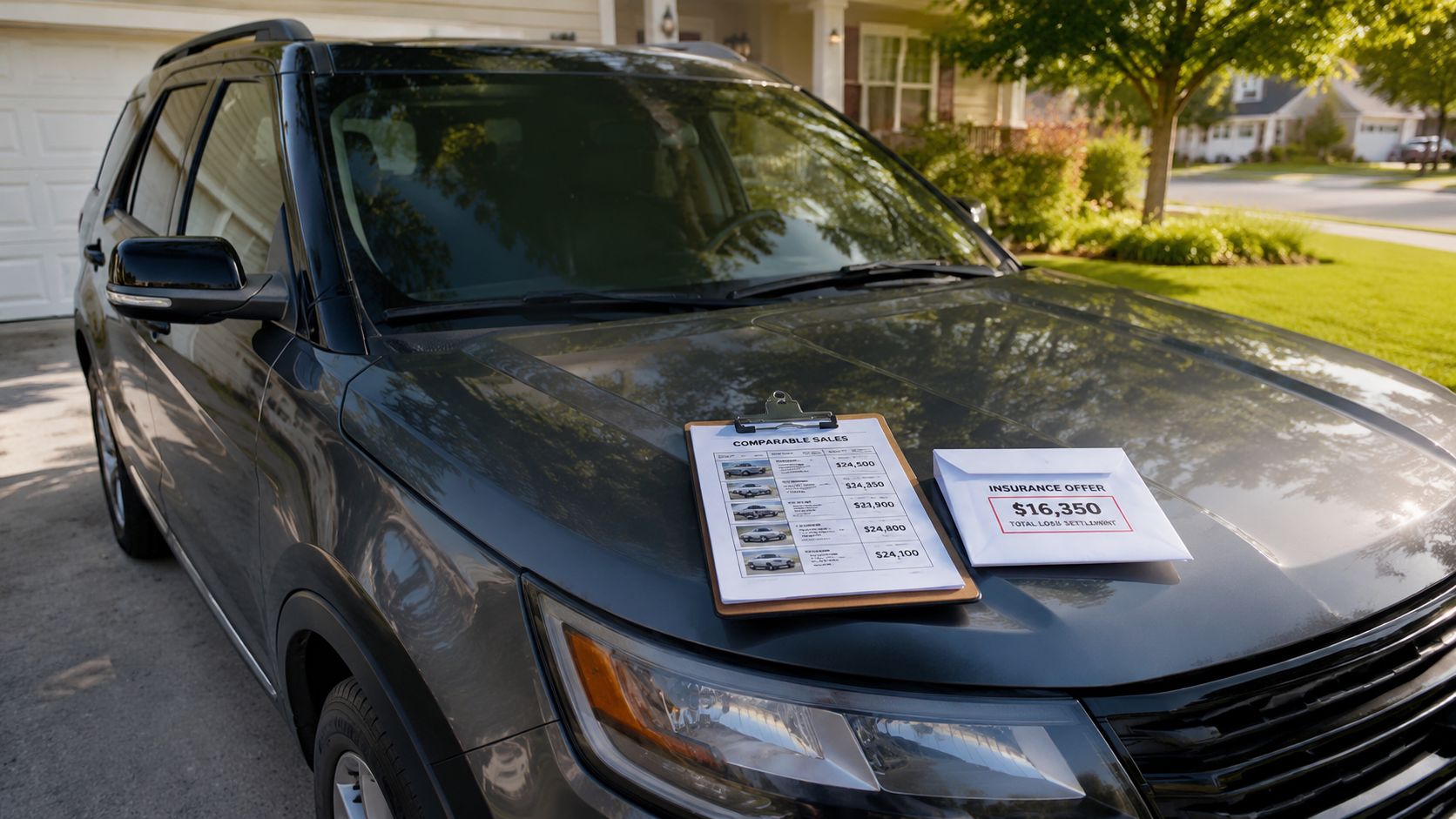 A clipboard showing comparable car sales sits on a vehicle hood next to a low insurance settlement offer.