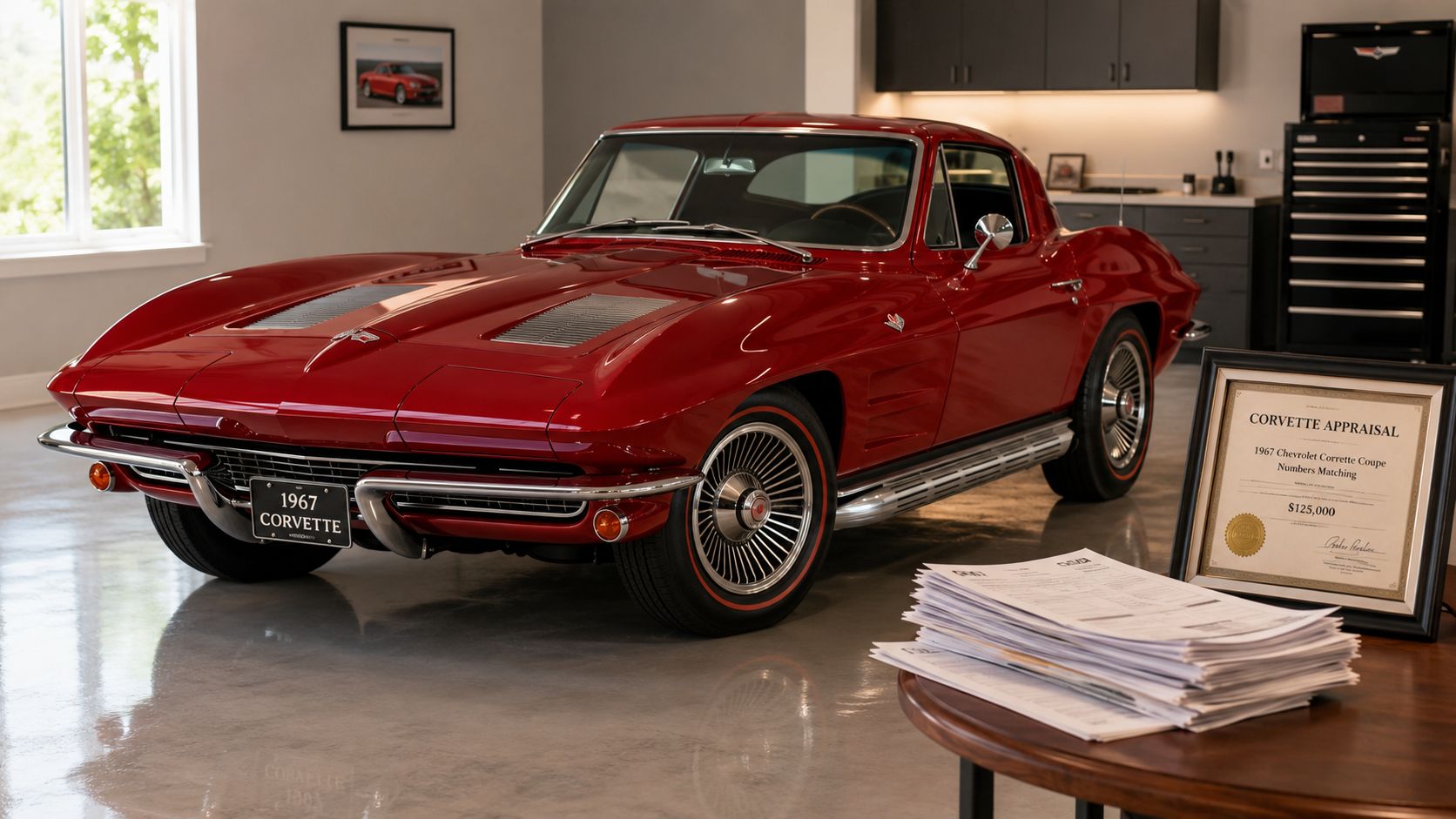 A red 1967 Chevrolet Corvette parked in a clean garage with an appraisal document displayed nearby.