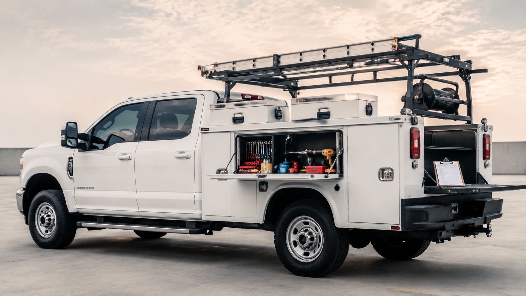 A white utility work truck parked on a concrete surface, featuring an open tool compartment with organized equipment.