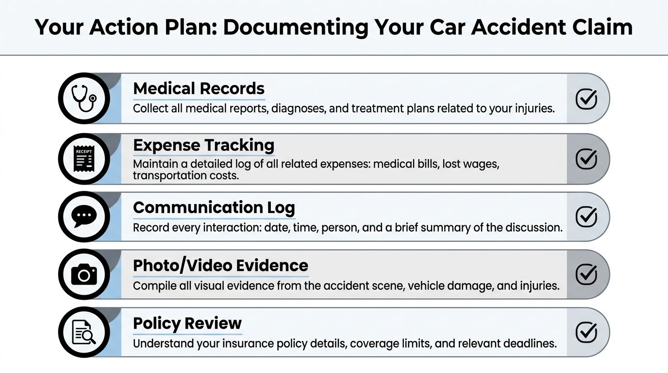 An action plan infographic listing five essential steps for documenting a car accident insurance claim.