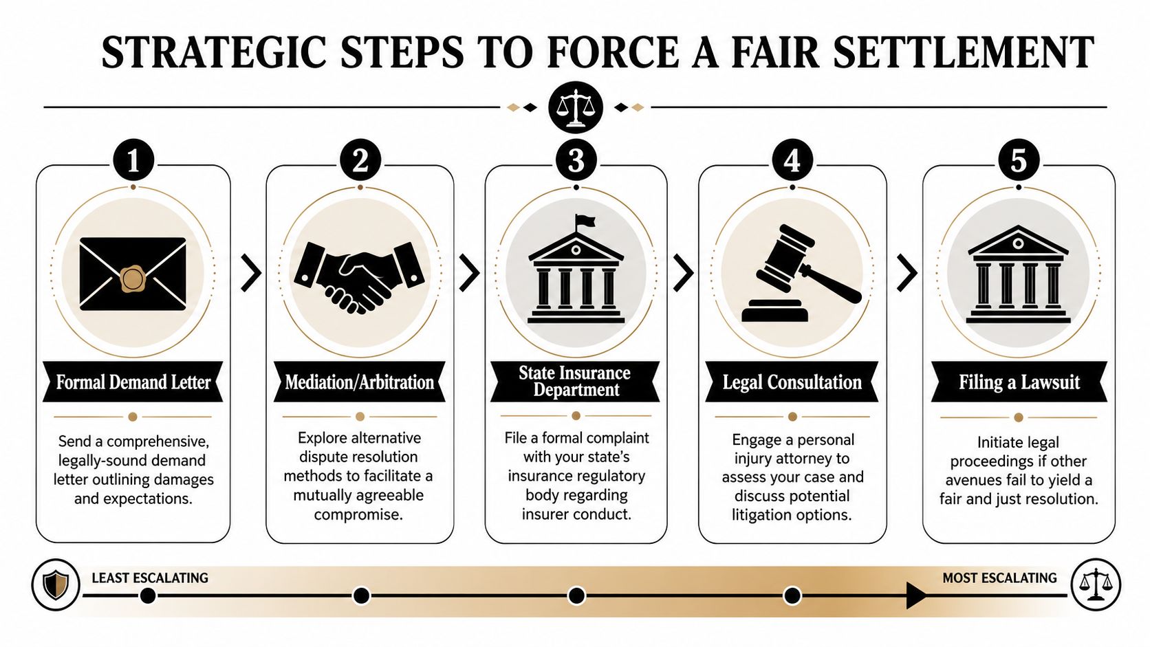 A five-step flowchart infographic explaining legal strategies to force a fair insurance settlement for claims.